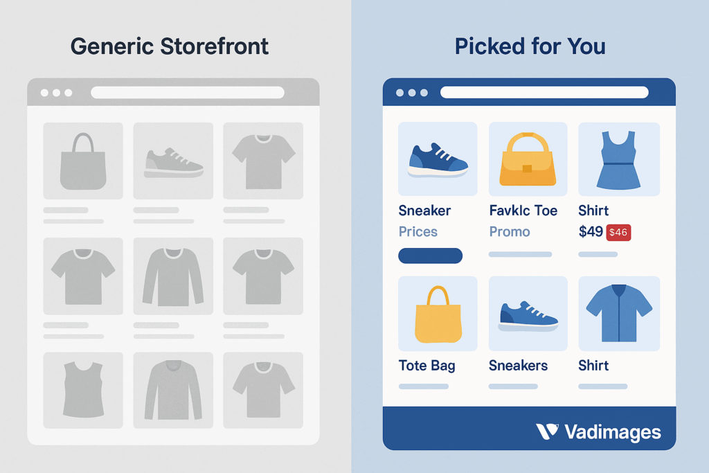Split‑screen mock‑up—left shows a generic storefront grid, right shows a Vadimages‑branded product page with ML‑driven “Picked for You” carousel and dynamic price badge.