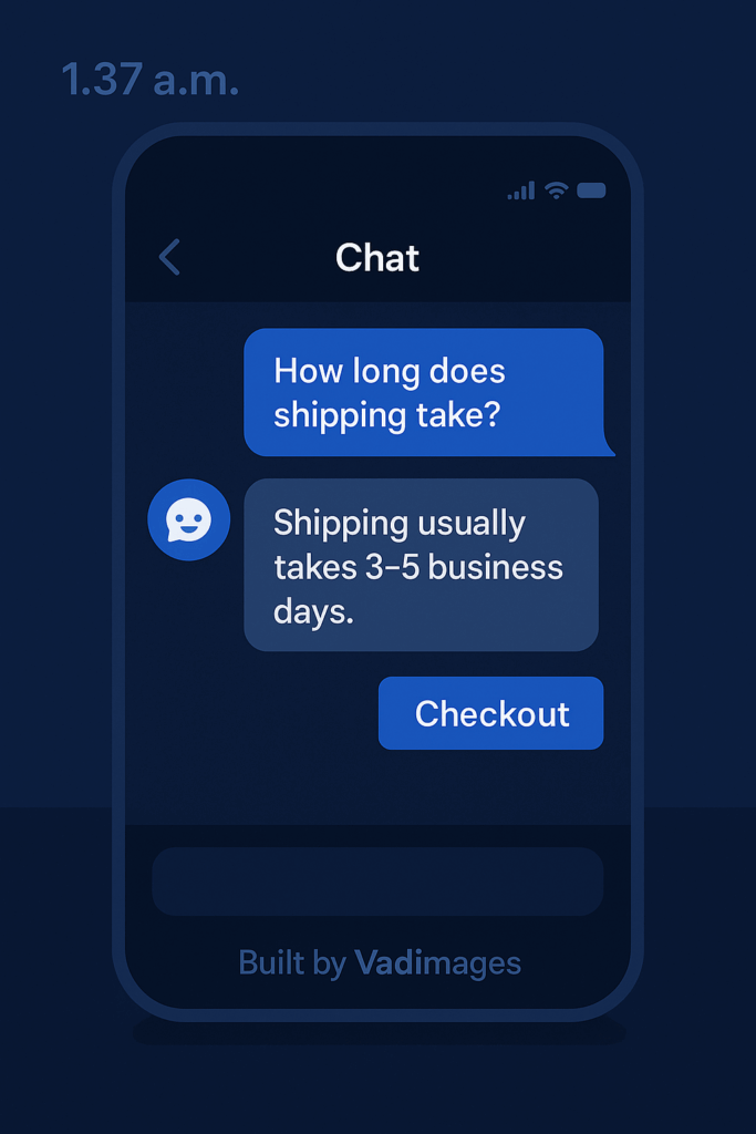 Mobile chat interface showing a user asking shipping‑time questions at 1:37 a.m.; chatbot displays personalized answer plus a one‑click checkout link, footer branded “Built by Vadimages”.