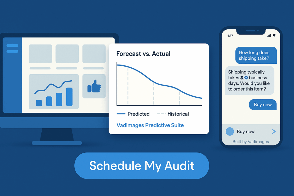 Hero banner collage—desktop dashboard, mobile chat, and inventory forecast overlay—all framed by a blue “Schedule My Audit” button linked to Vadimages booking form.