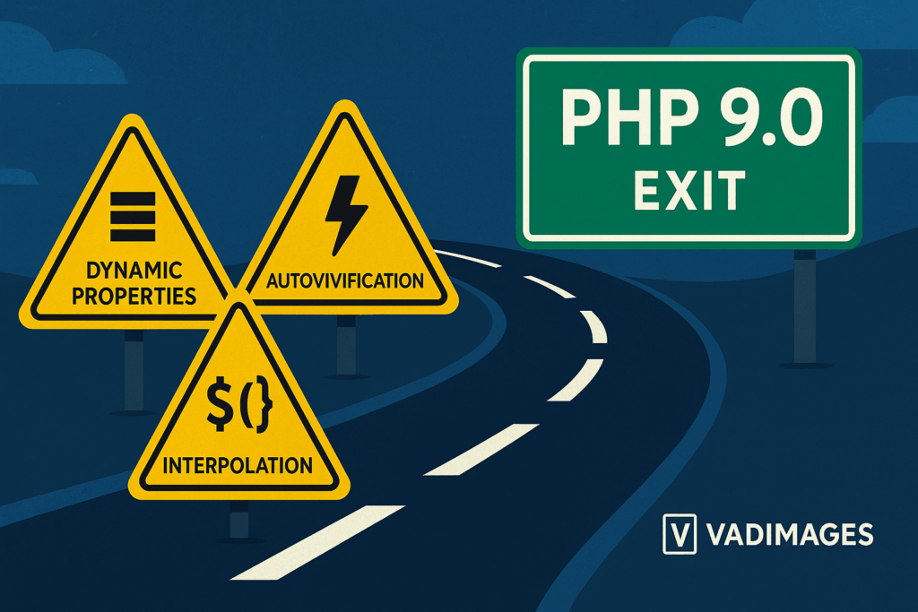Road-sign montage—yellow warning triangles labelled “Dynamic Properties”, “${} Interpolation”, “Autovivification”, all converging on a freeway exit marked “PHP 9.0”, Vadimages logo