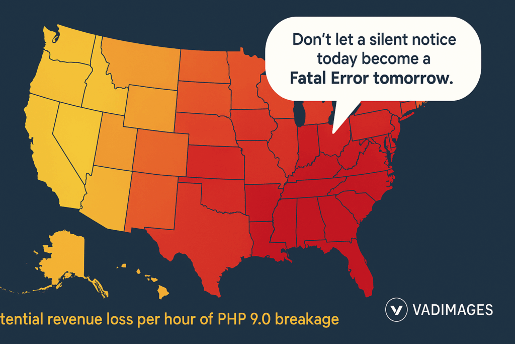 Heat-map overlay on a U.S. map—states shading from yellow to red representing potential revenue loss per hour of PHP 9.0 breakage, call-out bubble “Don’t let a silent notice today become a Fatal Error tomorrow”, Vadimages badge