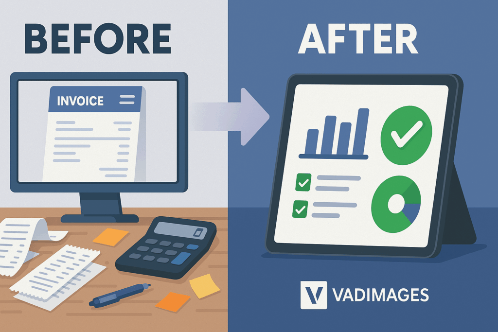Before‑and‑after comparison showing a crowded desktop with paper receipts contrasted against a calm tablet dashboard displaying synchronized QuickBooks reports; Vadimages logo