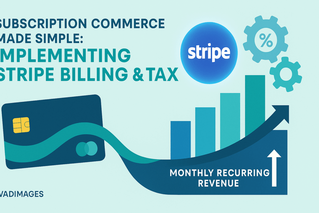 Wide-format hero image—stylized credit-card river flowing into a growing bar-chart of monthly recurring revenue, a glowing Stripe logo hovering above tax-calculation gears; Vadimages logo lower right, modern infographic style, 1920 × 1080