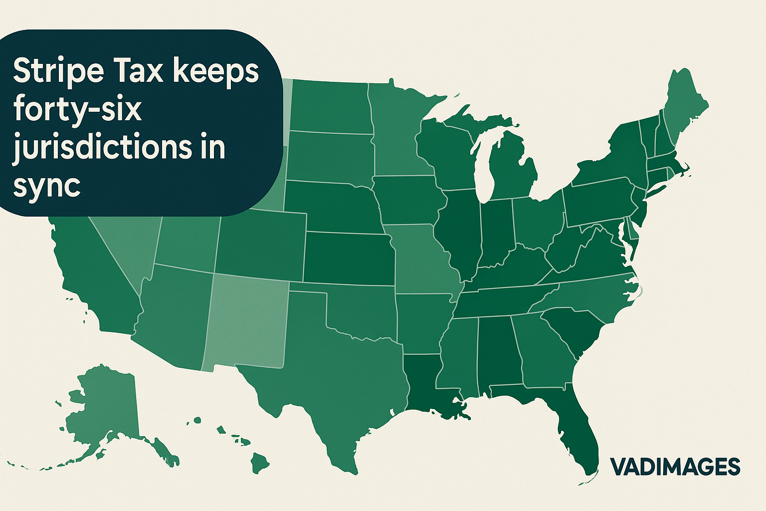 Heat-map infographic—U.S. outline with each state shaded by average SaaS tax rate; call-out bubble reads “Stripe Tax keeps forty-six jurisdictions in sync”, Vadimages branding