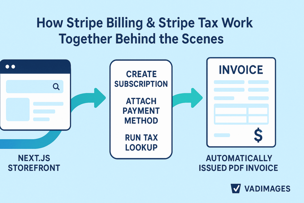 System diagram—left panel shows Next.js storefront calling a Vadimages-built webhook; center panel lists “Create Subscription, Attach Payment Method, Run Tax Lookup”; right panel displays automatically issued PDF invoice, brand colors, 1920 × 1080