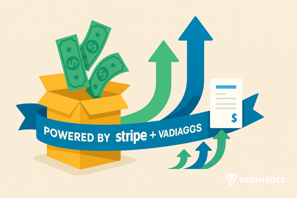Call-to-action banner—open subscription box wrapped in a “Powered by Stripe + Vadimages” ribbon, dollar bills transforming into upward-pointing arrows, modern infographic style, 1920 × 1080