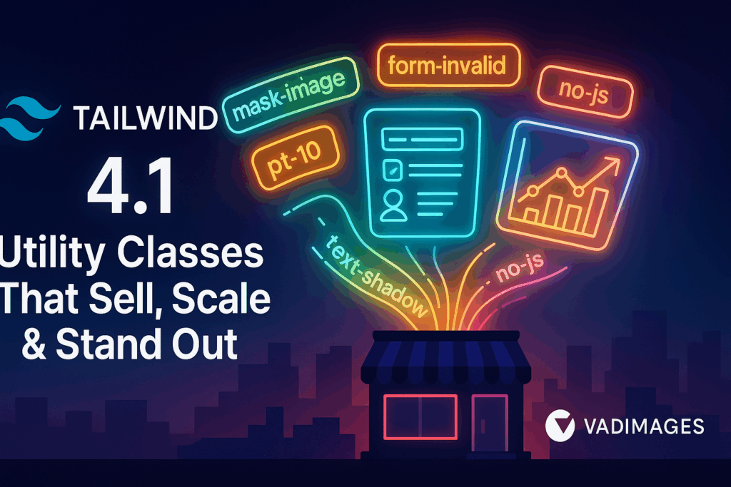 Wide-format hero image—Tailwind 4.1 logo erupts into neon utility classes that transform into shopping-cart, lead-form and analytics icons hovering above a storefront silhouette; Vadimages logo lower right, modern infographic style, 1920 × 1080