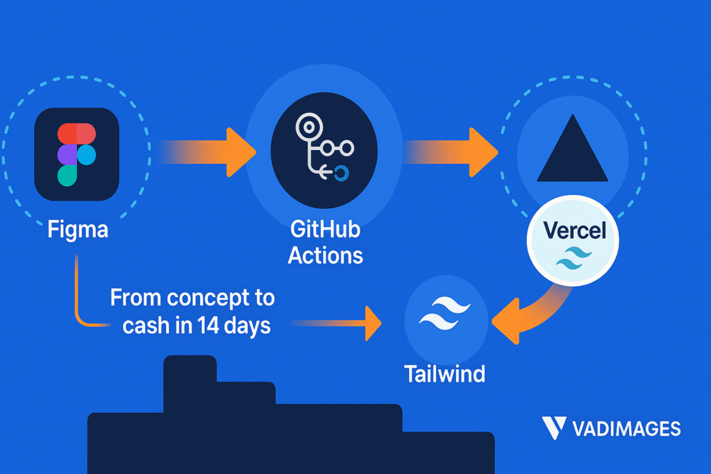 Flowchart—Figma design → GitHub Actions build → Vercel edge deployment, each stage wrapped in Tailwind logo halo, dotted line to “CRM & ERP” integration bubble; caption “From concept to cash in 14 days”; Vadimages branding