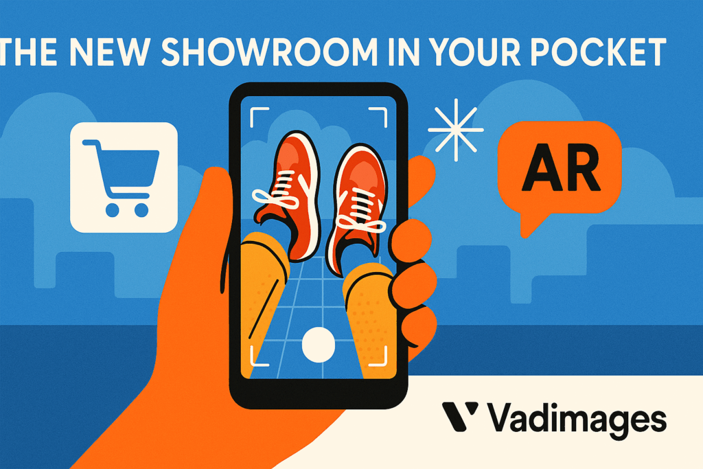 Wide‑format hero image showing a shopper using a phone camera to preview a pair of sneakers on their feet, with a subtle Vadimages watermark in the corner