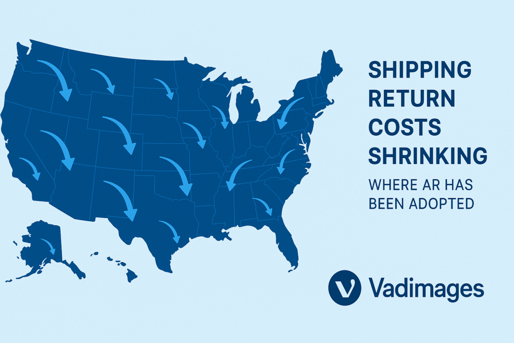 Infographic map of the U.S. showing shipping return costs shrinking where AR has been adopted, overlay includes Vadimages logo
