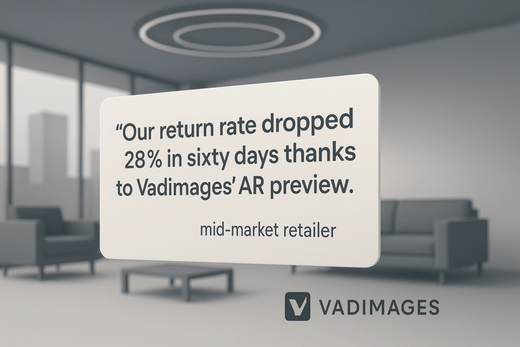 Customer testimonial card floating over a VR showroom, quote reads “Our return rate dropped 28 % in sixty days thanks to Vadimages’ AR preview,” signed by a mid‑market retailer
