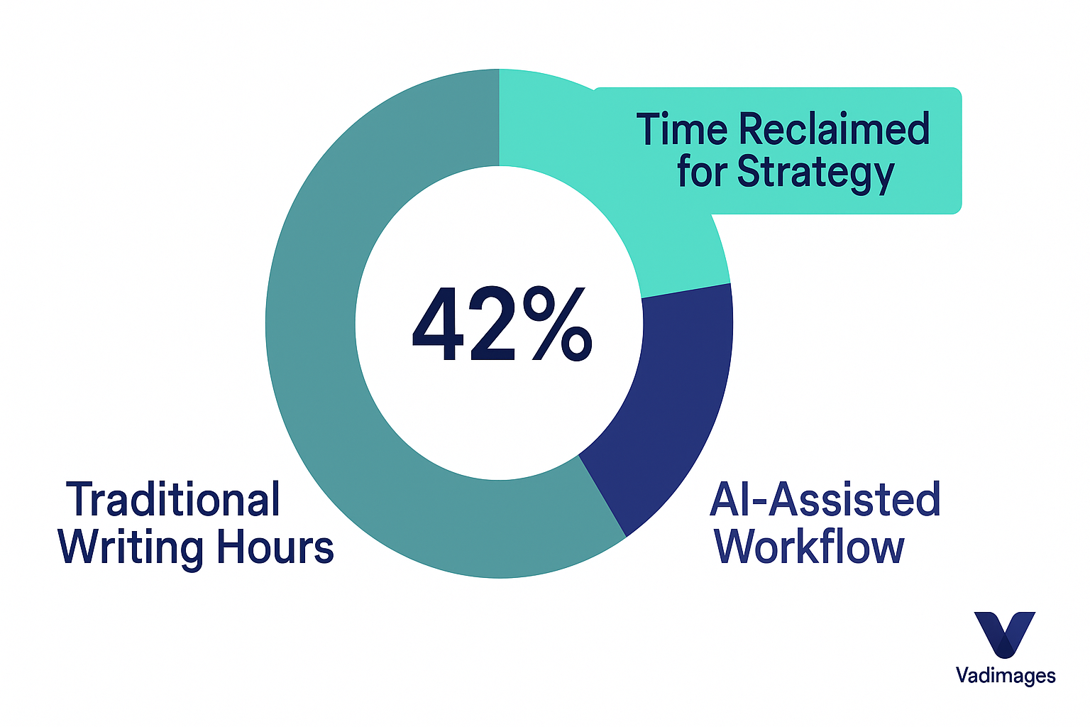Donut chart — Inner ring “Traditional Writing Hours,” outer ring “AI-Assisted Workflow,” highlighted 42 percent slice labeled “Time Reclaimed for Strategy,” modern infographic palette.