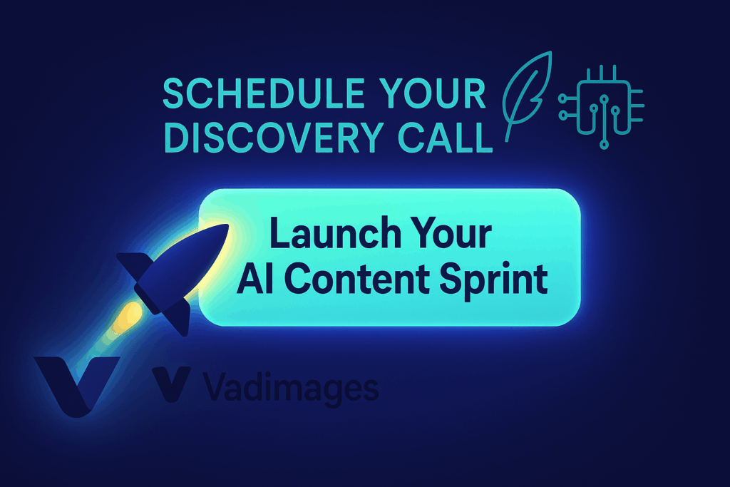Call-to-Action banner — A glowing “Launch Your AI Content Sprint” button rockets from the Vadimages logomark toward animated quill and circuit icons; headline: “Schedule Your Discovery Call,” wide-format 1920 × 1080.