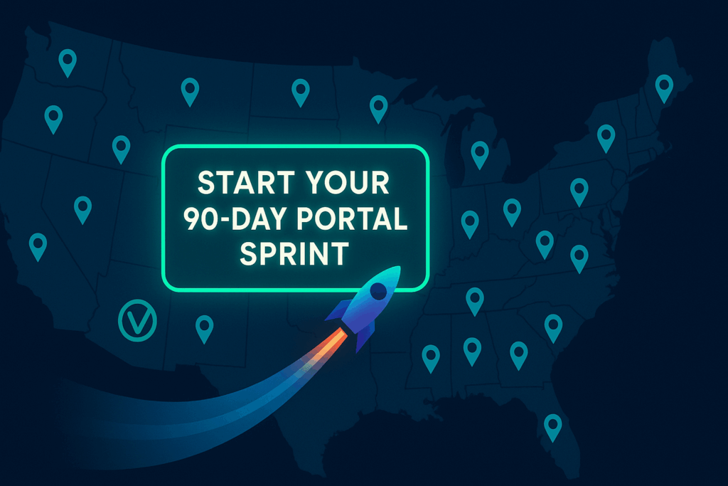 Call-to-action banner—neon “Start Your 90-Day Portal Sprint” button rocketing from a Vadimages logomark toward franchise location icons across a U.S. map, 1920 × 1080