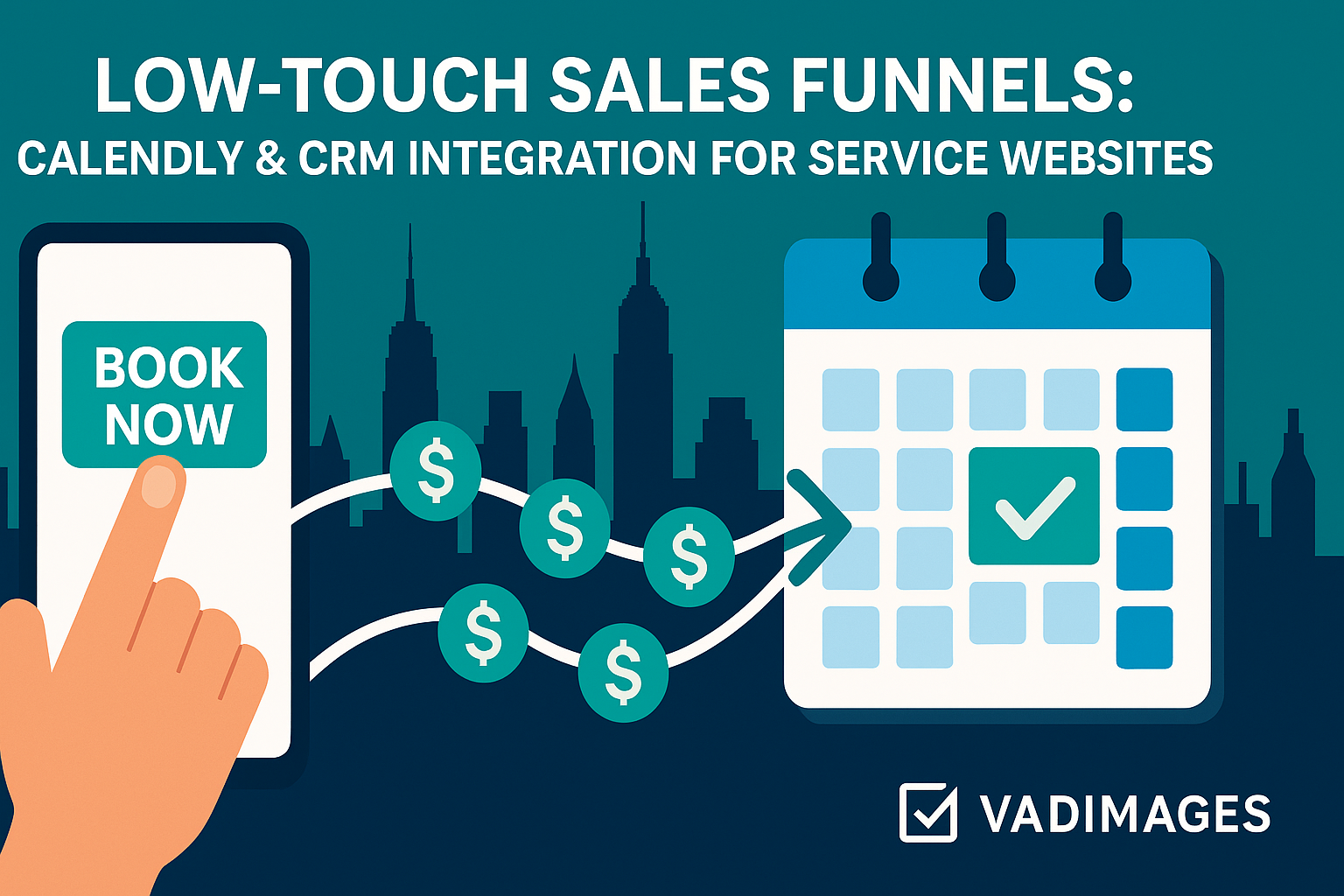 Wide-format hero image—prospect taps a “Book Now” button on a smartphone; the tap triggers a flow of green dollar-icons toward a service-provider calendar, with a U.S. city skyline in the background and the Vadimages logo lower right, modern infographic style, 1920 × 1080