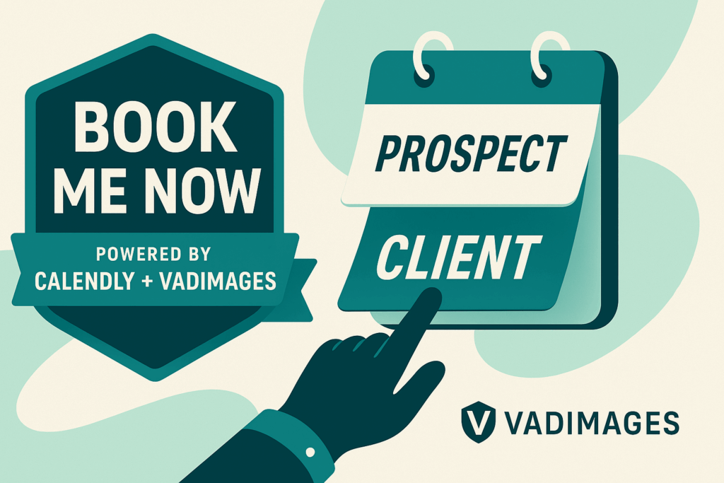 Call-to-action banner—shield-shaped badge reading “Book Me Now—Powered by Calendly + Vadimages,” animated calendar flips from “Prospect” to “Client,” modern infographic style, 1920 × 1080