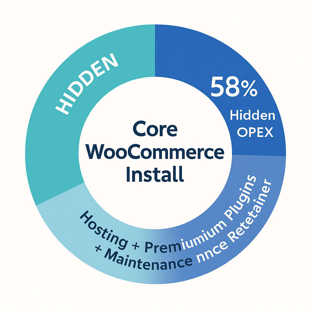 Graphics element: Donut chart — Inner ring “Core WooCommerce Install,” outer ring “Hosting + Premium Plugins + Maintenance Retainer,” a 58 percent slice labeled “Hidden OPEX,” modern infographic palette, 1920 × 1080.