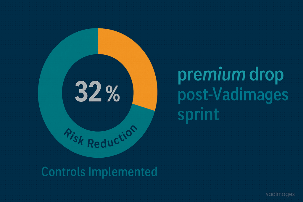 Donut chart—inner ring “Controls Implemented” outer ring “Risk Reduction,” highlighted segment shows “32 % premium drop post-Vadimages sprint,” Vadimages palette, 1920 × 1080