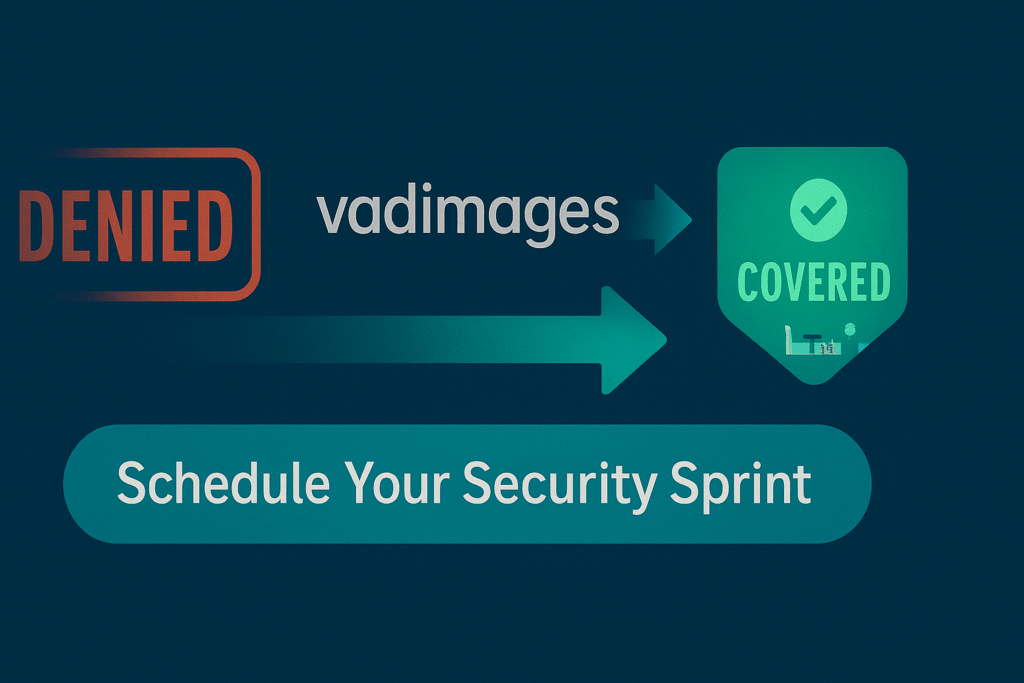 Call-to-action banner—a red “Denied” stamp fades to green “Covered” badge as a dynamic arrow points toward a “Schedule Your Security Sprint” button; Vadimages logo front-and-center, 1920 × 1080