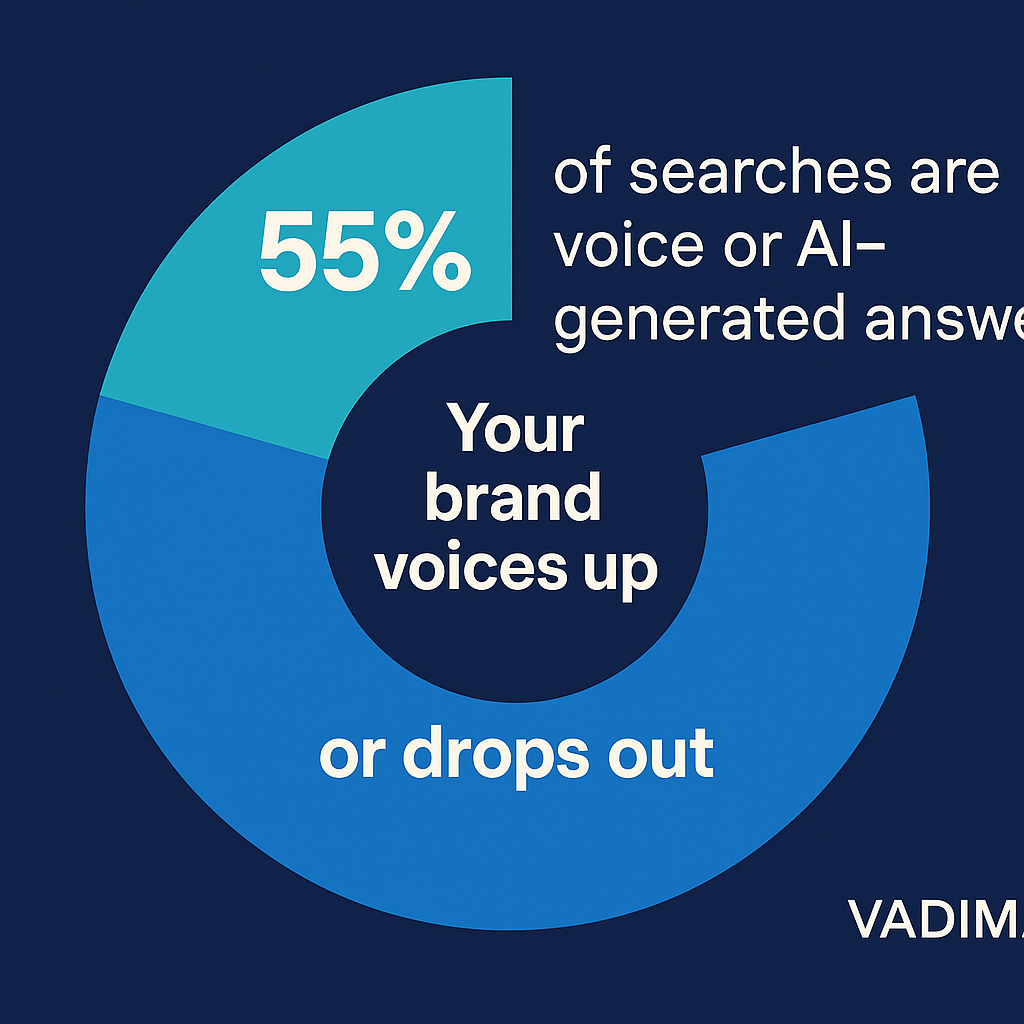 Animated donut-chart—“55 % of searches are voice or AI-generated answers”; center caption “Your brand voices up or drops out”, Vadimages color palette, 1920 × 1080