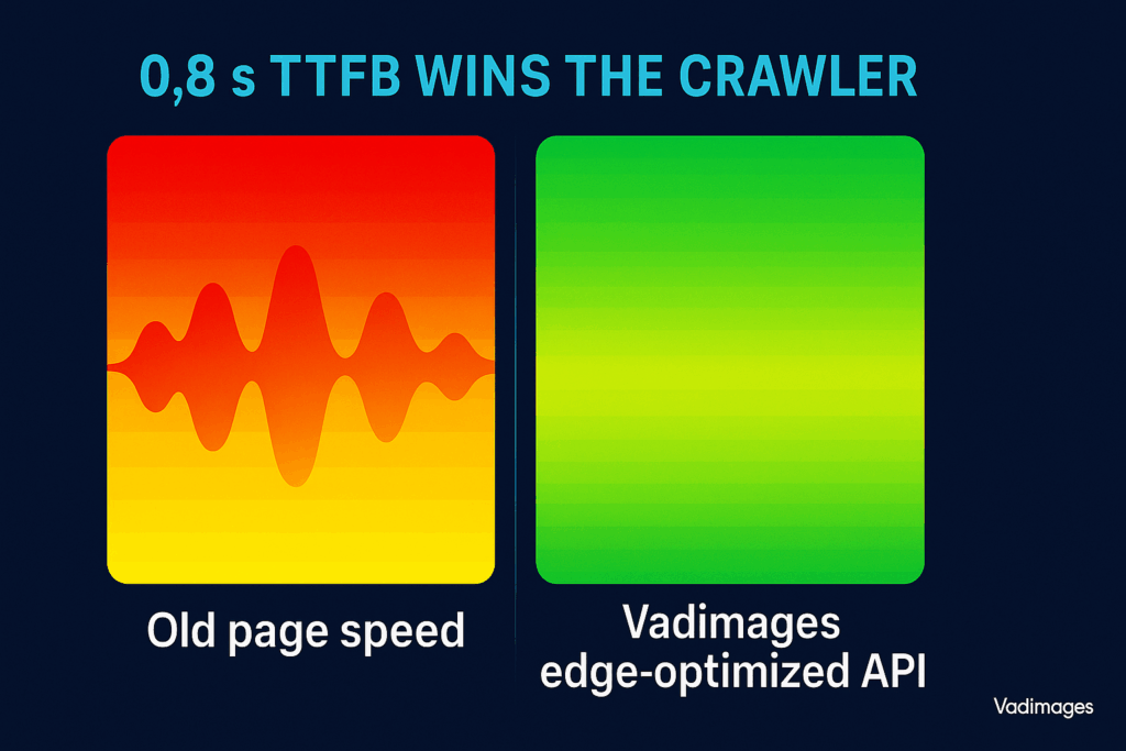 Split-screen heat map—left “Old page speed” reds; right “Vadimages edge-optimized API” greens; headline “0.8 s TTFB wins the crawler”, 1920 × 1080