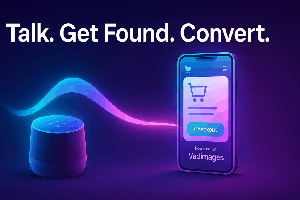 Call-to-action banner—glowing smart speaker hands off a lead to a checkout screen stamped “Powered by Vadimages”, headline “Talk. Get Found. Convert.” 1920 × 1080