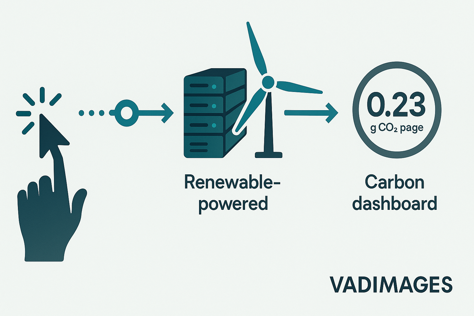 Flowmap—user click travels through an edge node, renewable-powered data center, and carbon dashboard badge labeled “0.23 g CO₂ per page”; Vadimages teal-and-indigo arrows, 1920 × 1080