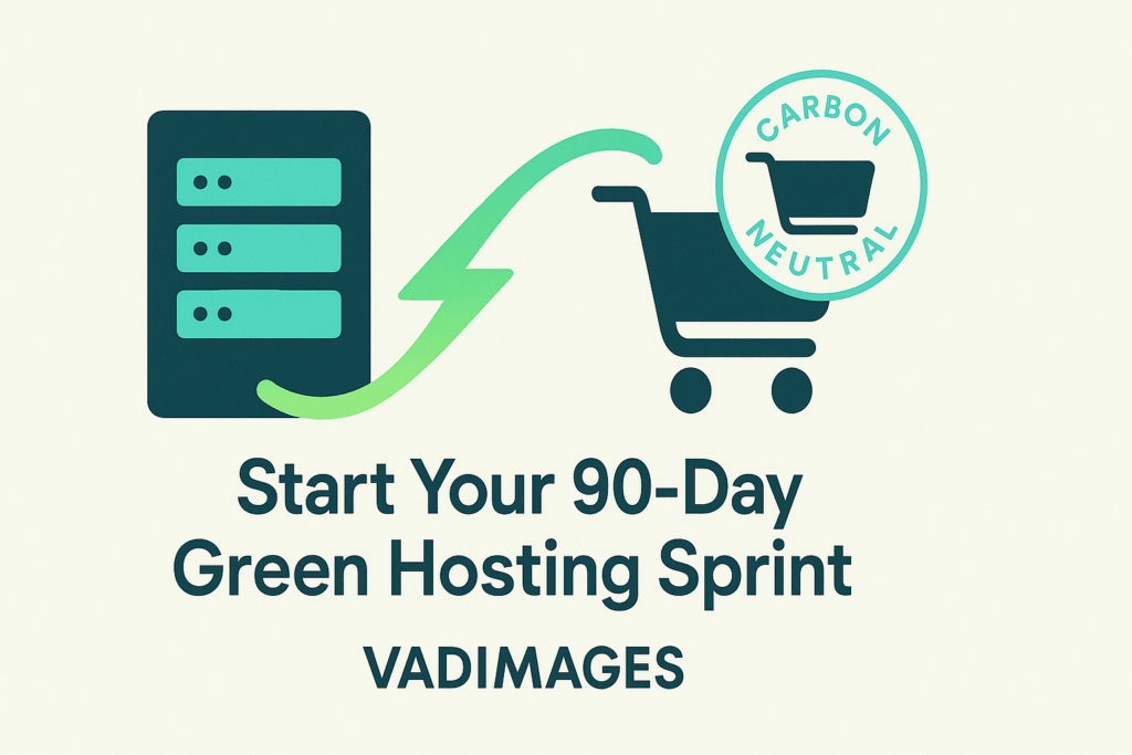 Call-to-action banner—a green energy bolt arcs from a data center to a shopping-cart icon stamped “Carbon Neutral Checkout,” headline “Start Your 90-Day Green Hosting Sprint,” 1920 × 1080