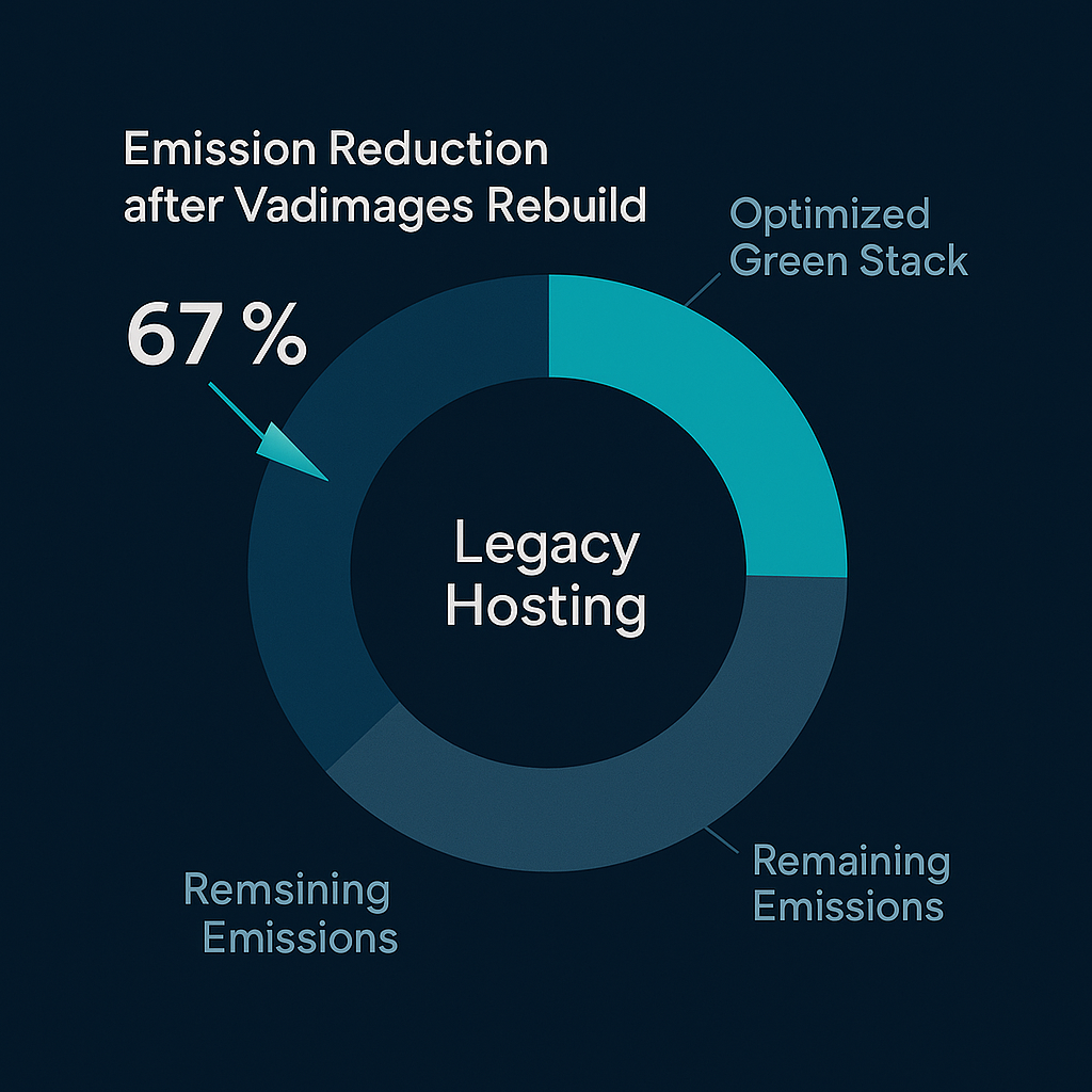 Donut Chart — Inner ring “Legacy Hosting,” outer ring “Optimized Green Stack,” highlighted 67 percent segment labeled “Emission Reduction after Vadimages Rebuild,” styled in modern infographic palette.