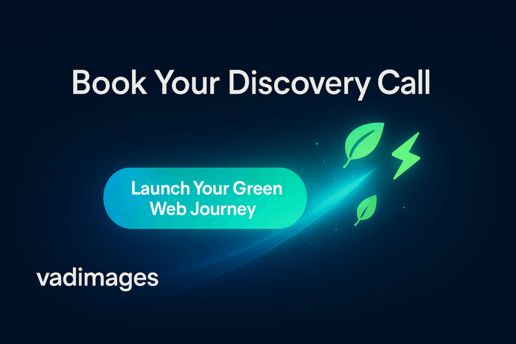 Call-to-Action Banner — A glowing “Launch Your Green Web Journey” button rockets from the Vadimages logomark toward animated leaf and lightning icons, headline: “Book Your Discovery Call,” 1920 × 1080.