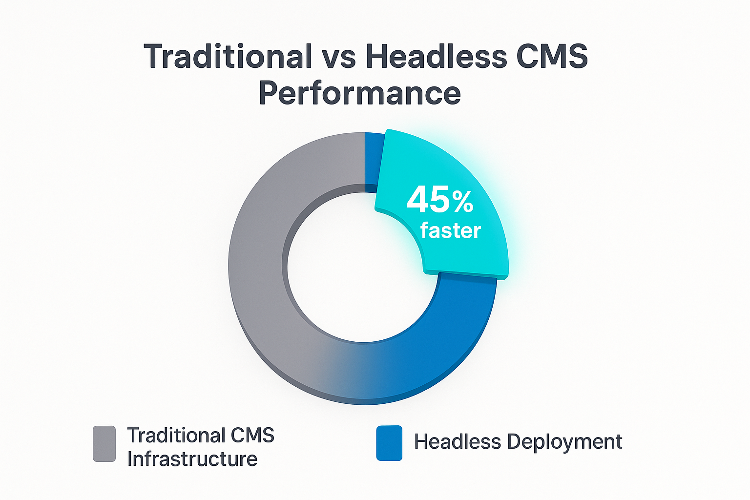 A donut chart compares “Traditional CMS Infrastructure” to “Headless Deployment,” with a forty-five-percent performance slice highlighted
