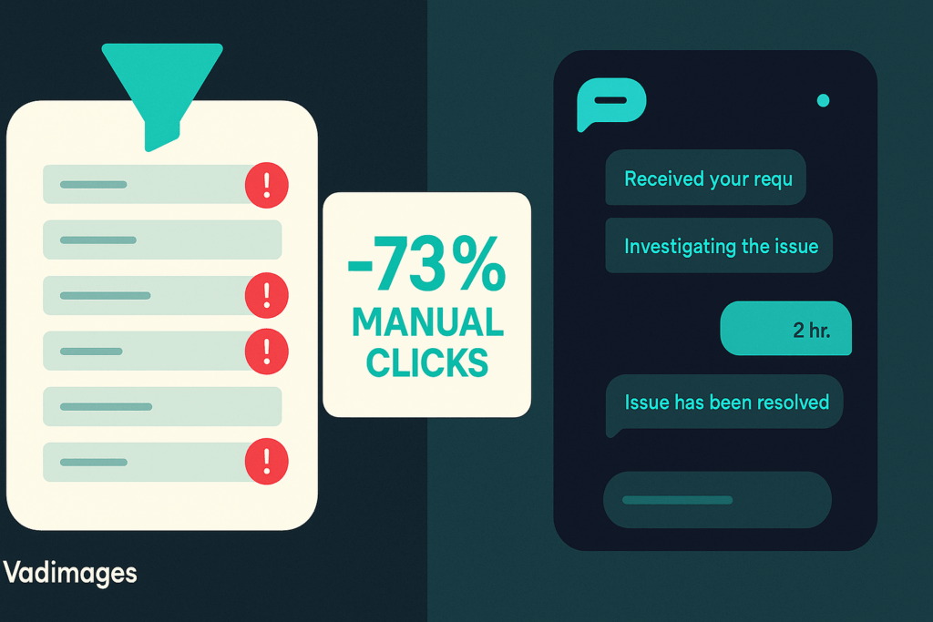 Comparative infographic—split screen showing a traditional form funnel jammed with red error icons on the left and a streamlined agent chat canvas clearing tickets on the right; caption reads “–73 % manual clicks” in bold teal, Vadimages palette, 1920 × 1080