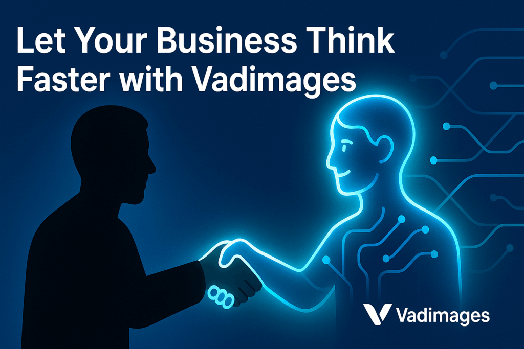 Call-to-action banner—handshake silhouette between a human and glowing agent, headline “Let Your Business Think Faster with Vadimages,” modern infographic style, 1920 × 1080