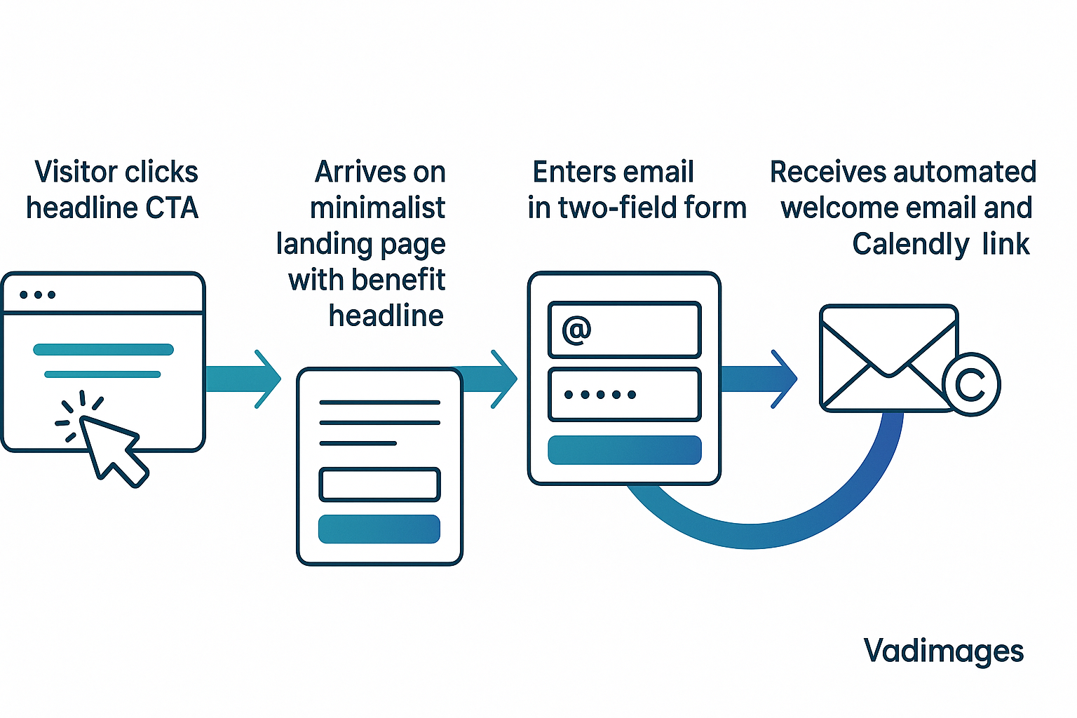 Graphics element: Flowchart—Visitor clicks headline CTA → Arrives on minimalist landing page with benefit headline → Enters email in two-field form → Receives automated welcome email and Calendly link; teal-and-indigo arrows reflecting Vadimages palette, 1920 × 1080