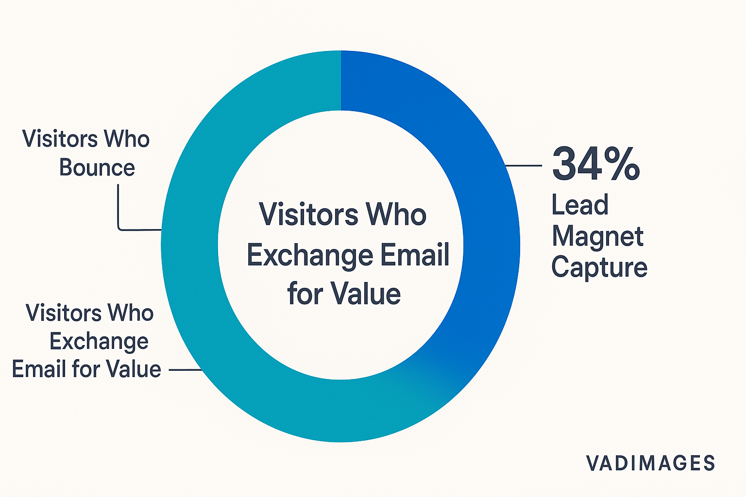 Graphics element: Donut chart—inner ring “Visitors Who Bounce,” outer ring “Visitors Who Exchange Email for Value,” highlighted 34 percent slice labeled “Lead Magnet Capture,” modern infographic palette, 1920 × 1080