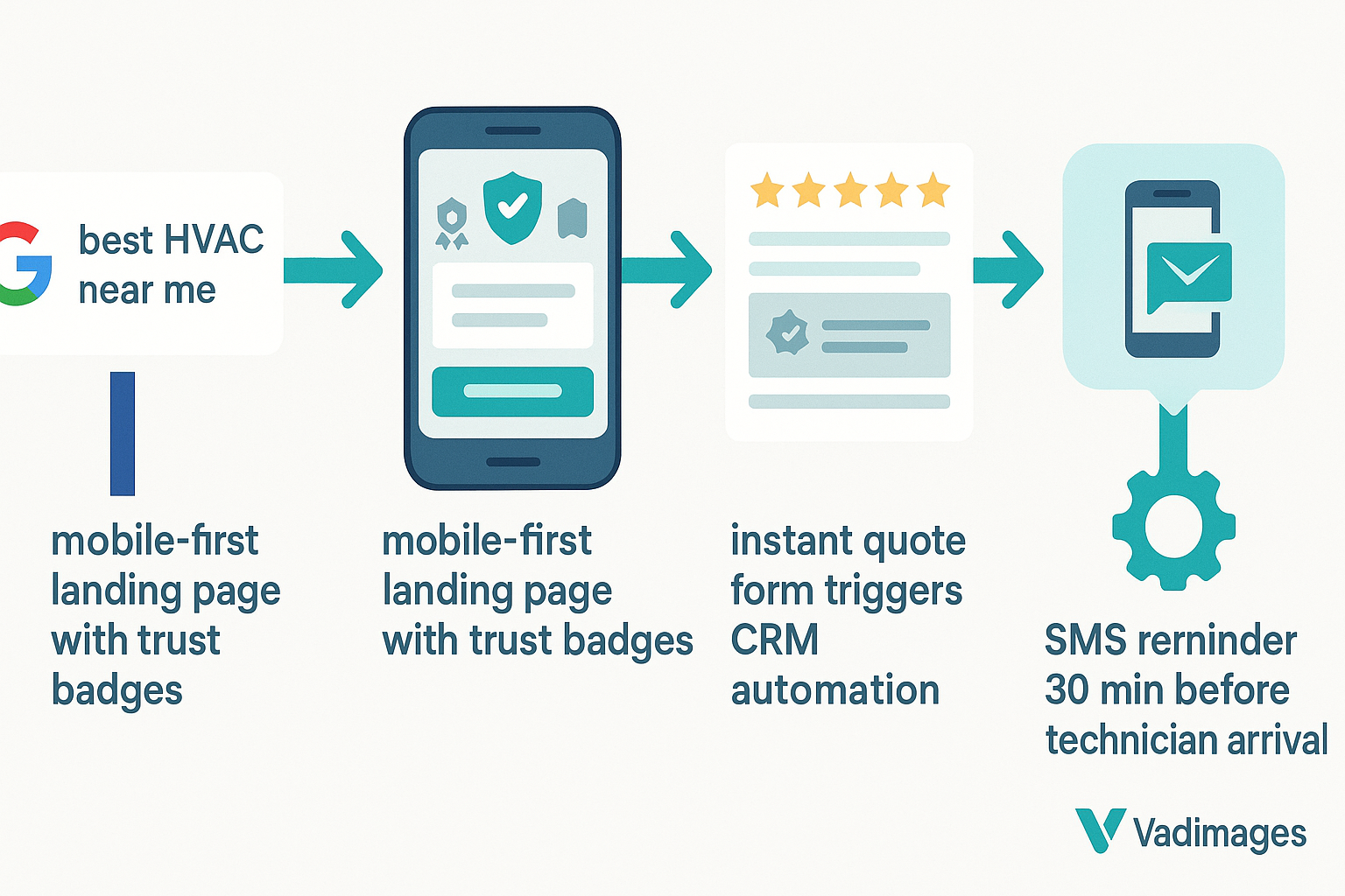 Donut chart graphic element — inner ring “Site Visitors” and outer ring “Confirmed Leads,” highlighted slice reads “47 % convert within three clicks,” Vadimages palette, 1920 × 1080.