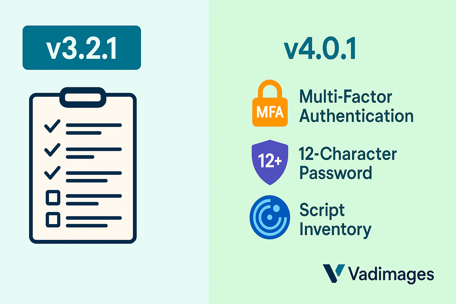 Split-screen infographic—left panel shows a cluttered “v3.2.1” checklist, right panel a streamlined “v4.0.1” flow annotated with an MFA lock, a 12-character password shield, and a script-inventory radar