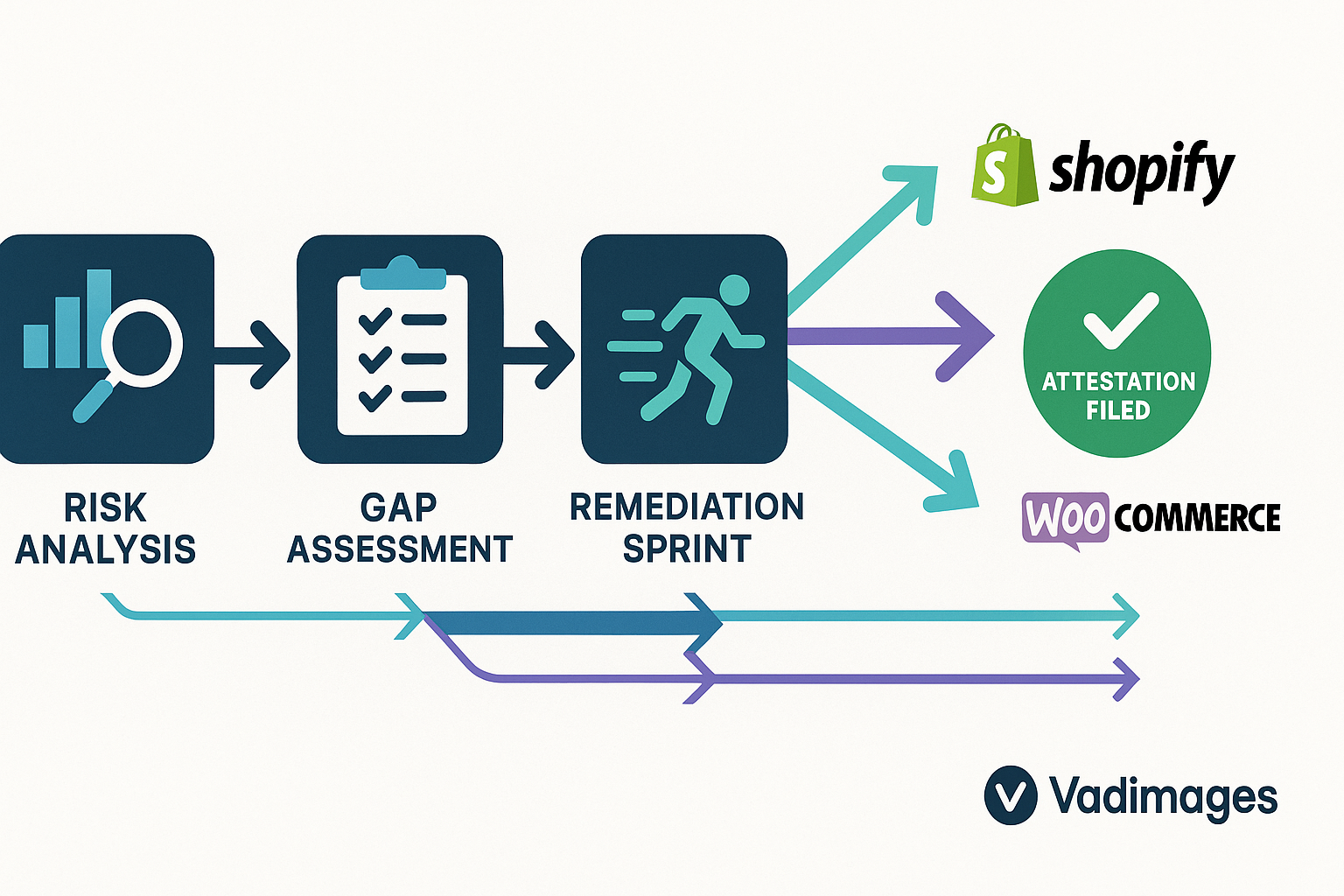 Flowchart—arrows move from “Risk Analysis” to “Gap Assessment” to “Remediation Sprint,” ending at a green “Attestation Filed” badge; Vadimages teal-and-indigo arrows illustrate parallel paths for Shopify, WooCommerce, and custom stacks