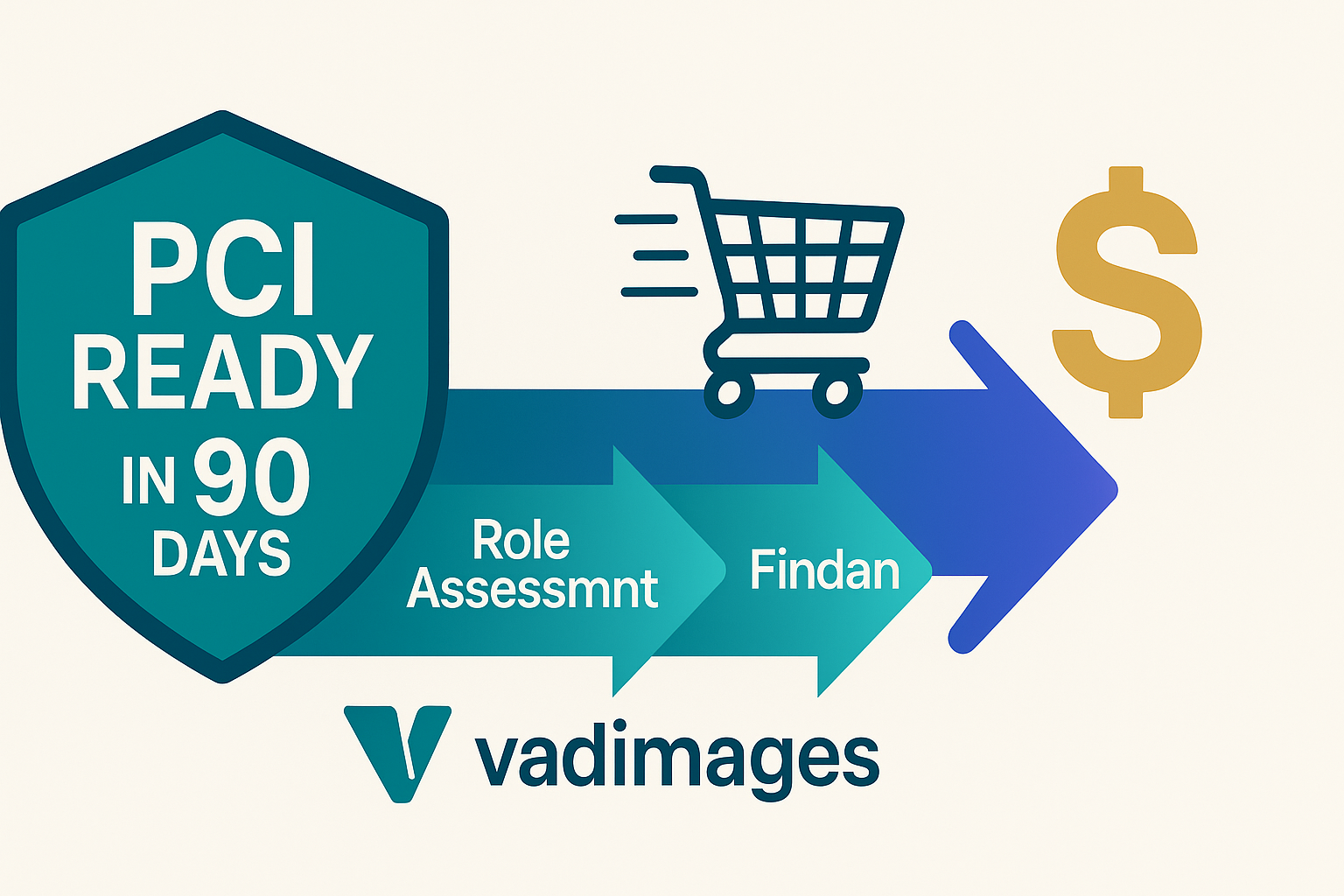 Call-to-action banner—shield-shaped badge reading “PCI Ready in 90 Days,” animated shopping-cart icon accelerates along a compliance arrow toward a dollar-sign finish line; Vadimages logo front-and-center