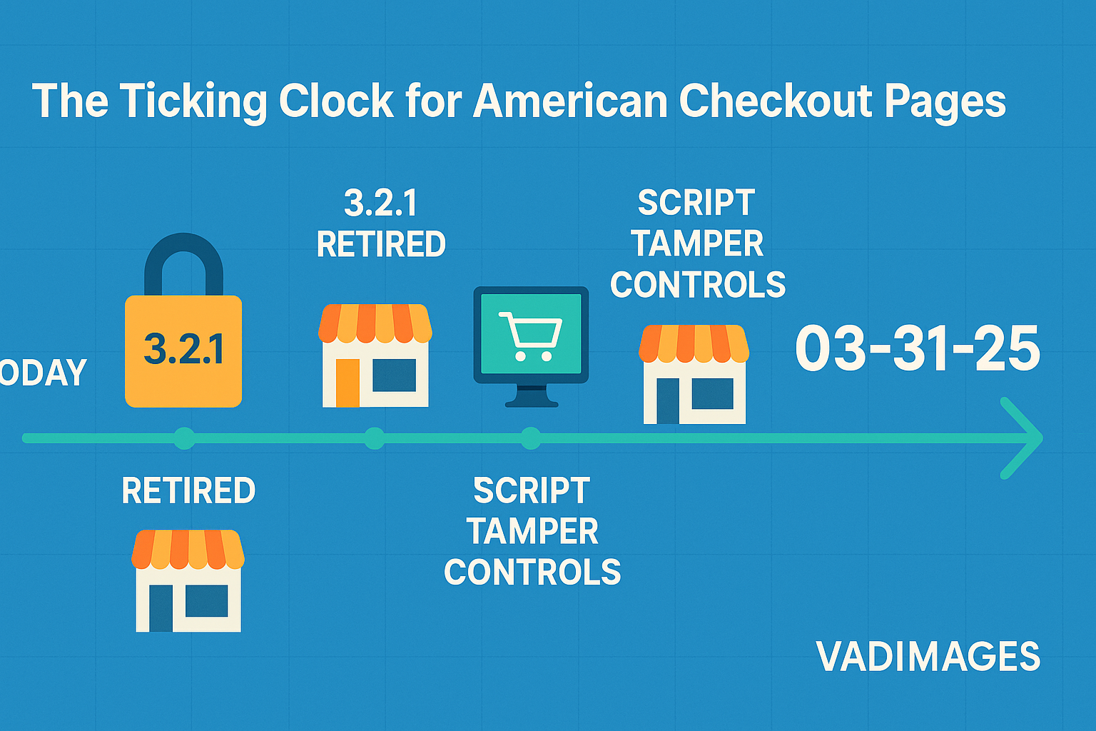 Horizontal timeline running from “Today” to “03-31-25,” milestones include “3.2.1 retired,” “Risk Analysis,” and “Script Tamper Controls,” each illustrated with a storefront icon; Vadimages brand palette