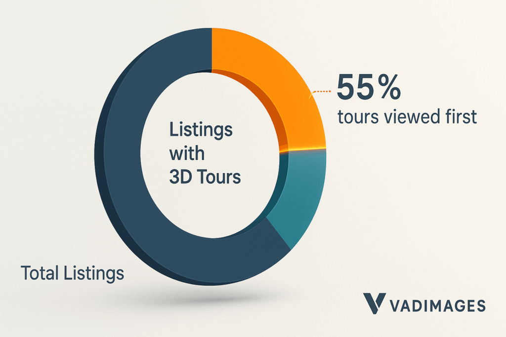 Graphic element — donut chart: inner ring “Listings with 3D Tours,” outer ring “Total Listings,” highlighted slice reads “55 % tours viewed first,” Vadimages palette, 1920 × 1080