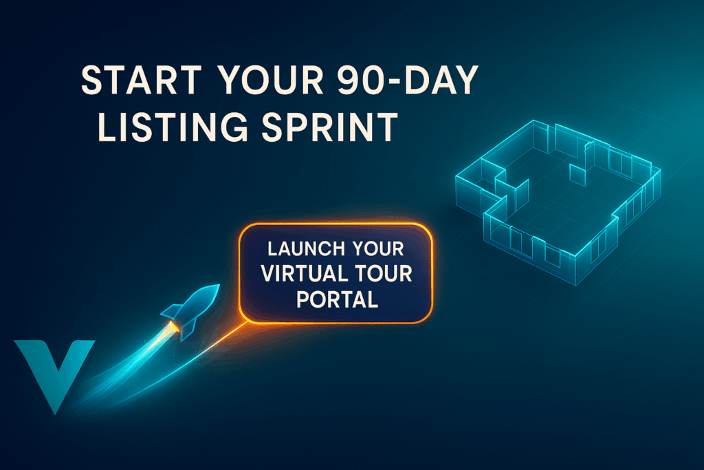 Call-to-action graphic — a glowing “Launch Your Virtual Tour Portal” button rockets from a Vadimages logomark toward a digital floor-plan hologram; headline: “Start Your 90-Day Listing Sprint,” 1920 × 1080