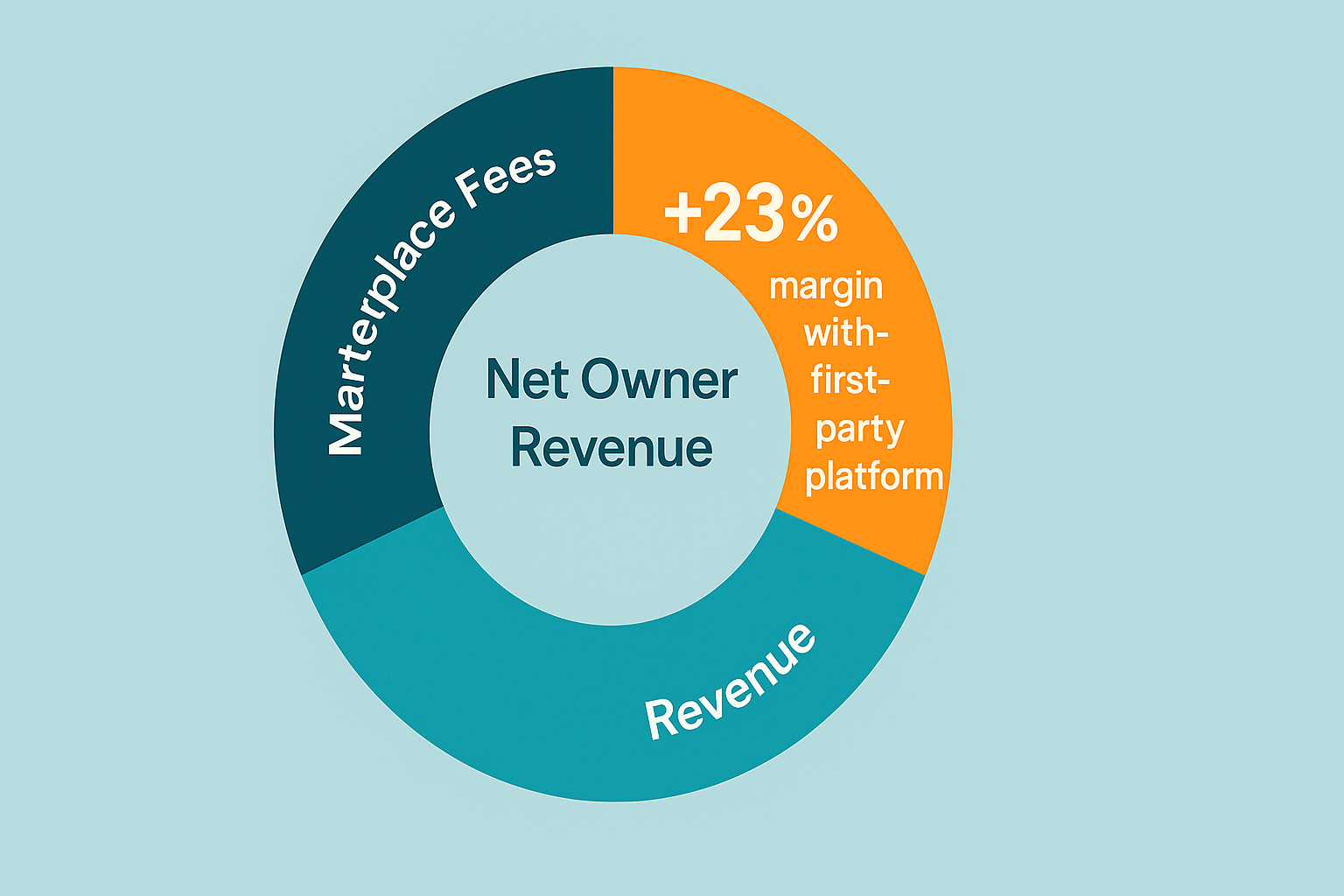 Donut chart graphic — inner ring “Marketplace Fees” outer ring “Net Owner Revenue,” highlighted slice shows “+23 % margin with first-party platform,” Vadimages palette, 1920 × 1080