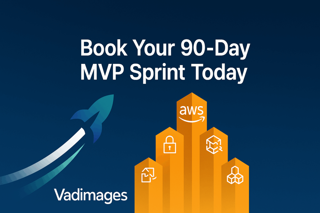 Call-to-action banner—rocket trails from Vadimages logomark toward a skyline of stacked AWS icons; headline “Book Your 90-Day MVP Sprint Today”, 1920 × 1080