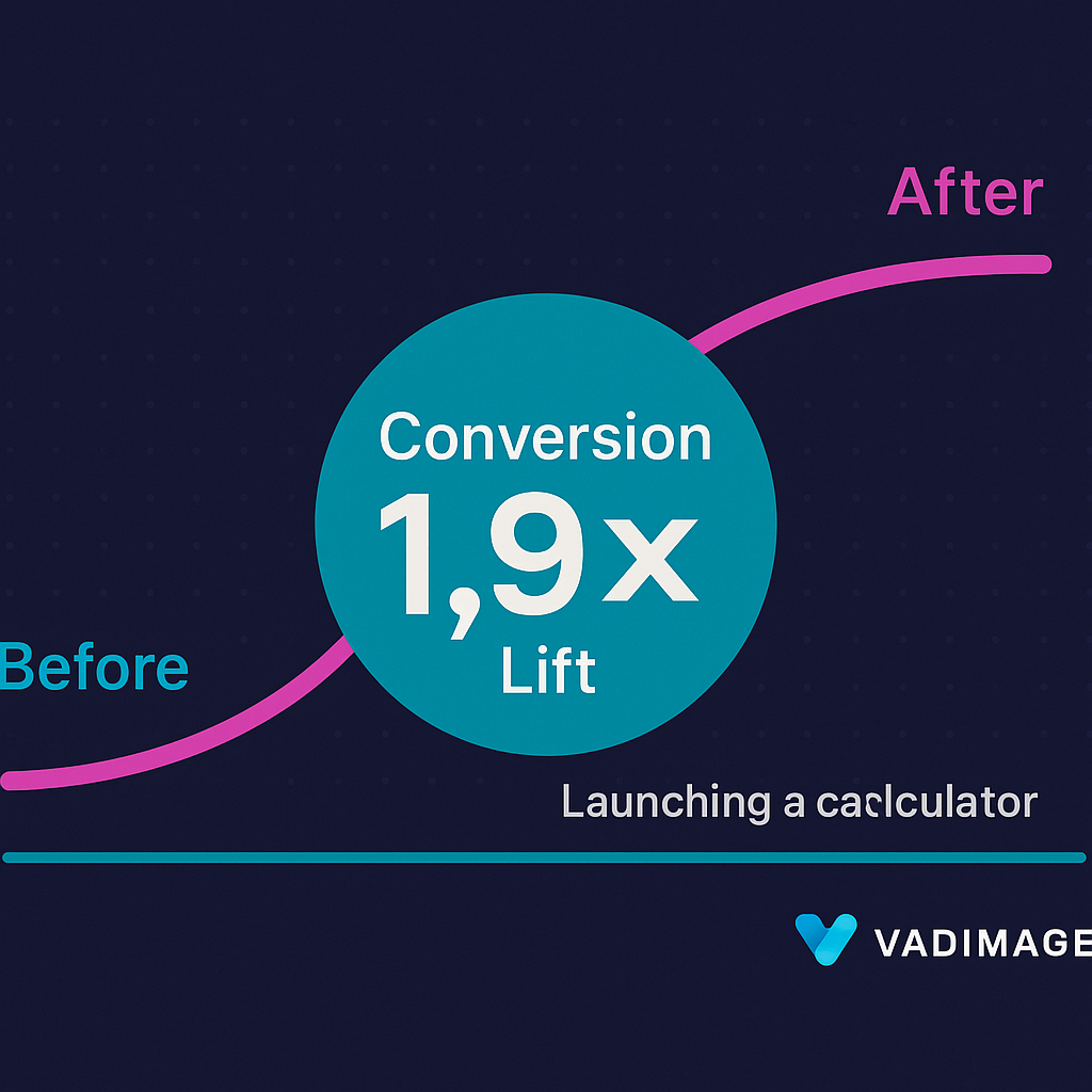 Call-to-action banner—sparkling calculator icon beside a quiz progress bar, headline “Book Your Custom Calculator in 10 Days—Powered by Vadimages,” brand colors, 1920 × 1080
