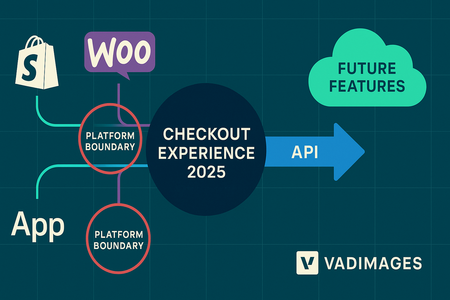 Flowchart—center node “Checkout Experience 2025,” three branches labelled “App,” “Theme,” and “API,” Shopify and Woo nodes terminate at red “Platform Boundary” rings while Custom branch pierces forward to a green “Future Features” cloud; Vadimages palette
