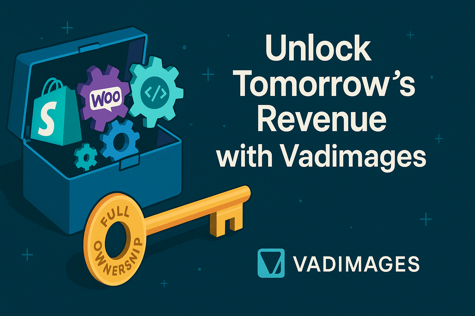 Call-to-action banner—open toolbox overflowing with Shopify, Woo, and custom-coded gears morphing into a golden key stamped “Full Ownership,” slogan reads “Unlock Tomorrow’s Revenue with Vadimages,” modern infographic style, 1920 × 1080