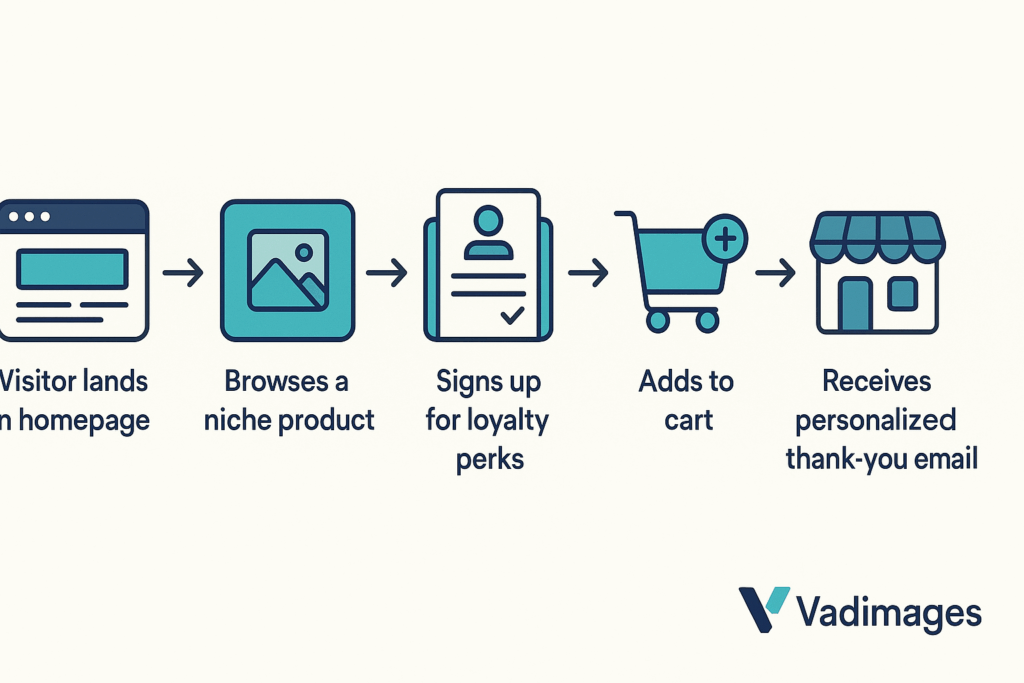 Flowchart — Visitor lands on homepage ➜ browses a niche product ➜ signs up for loyalty perks ➜ adds to cart ➜ selects local pickup ➜ receives personalized thank-you email