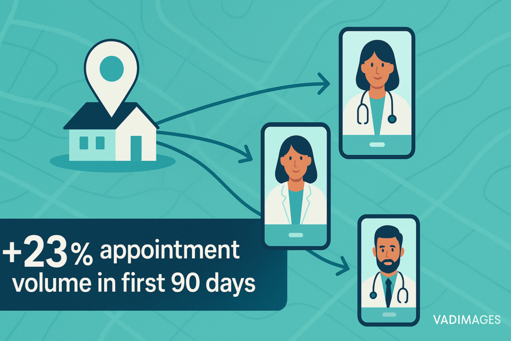 Graphic element — wide-format case study banner: a map pinpoints a suburban family practice; lines radiate to smartphones showing video consults, caption reads “+23 % appointment volume in first 90 days.” Vadimages logo lower-right, 1920 × 1080.