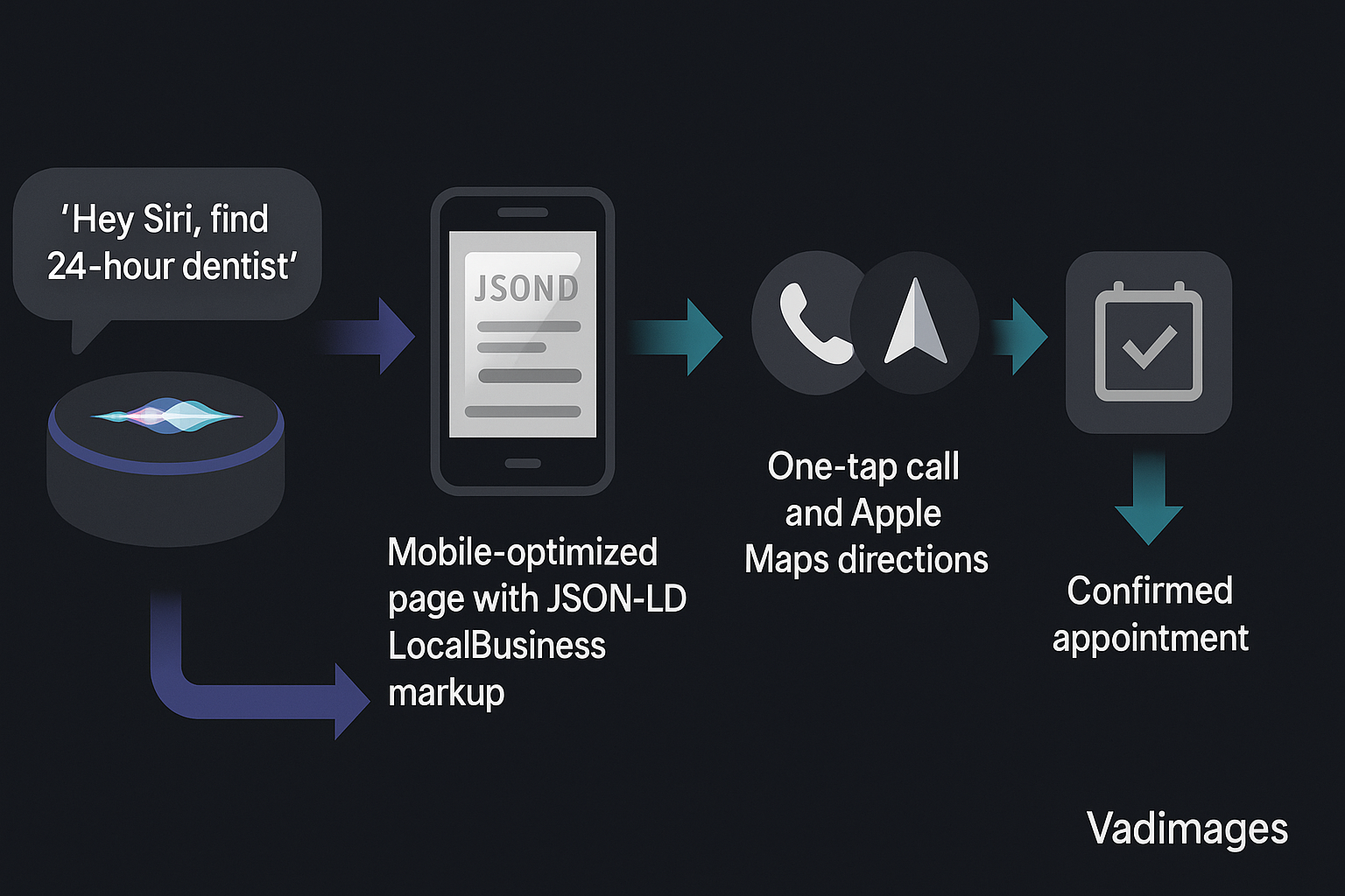 Graphics element — Flowchart: a voice path begins with “Hey Siri, find a 24-hour dentist,” flows to a mobile-optimized page with JSON-LD LocalBusiness markup, continues to one-tap call and Apple Maps directions, and ends in a confirmed appointment. Vadimages palette of indigo and teal arrows threads the story.